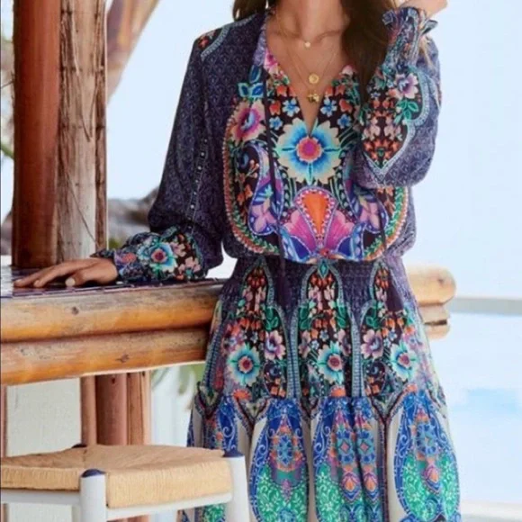 JOHNNY WAS Saba Long-Sleeve Abstract-Print Dress Coverup Size Large - Picture 4 of 15